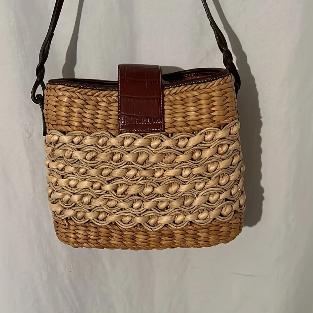 Brighton Ruth Straw Raffia Woven Tan Shoulder Bag Leather Trim
